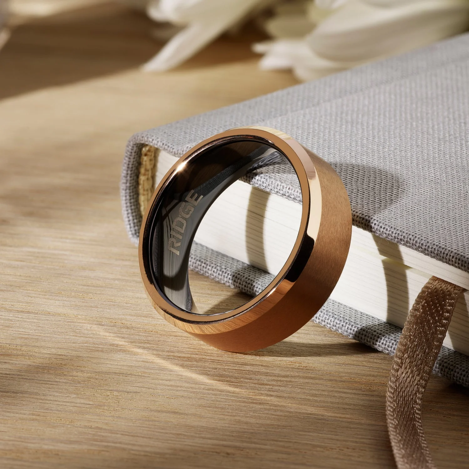 Ridge 8mm Beveled Ring Set - 18K Rose Gold - Image 6